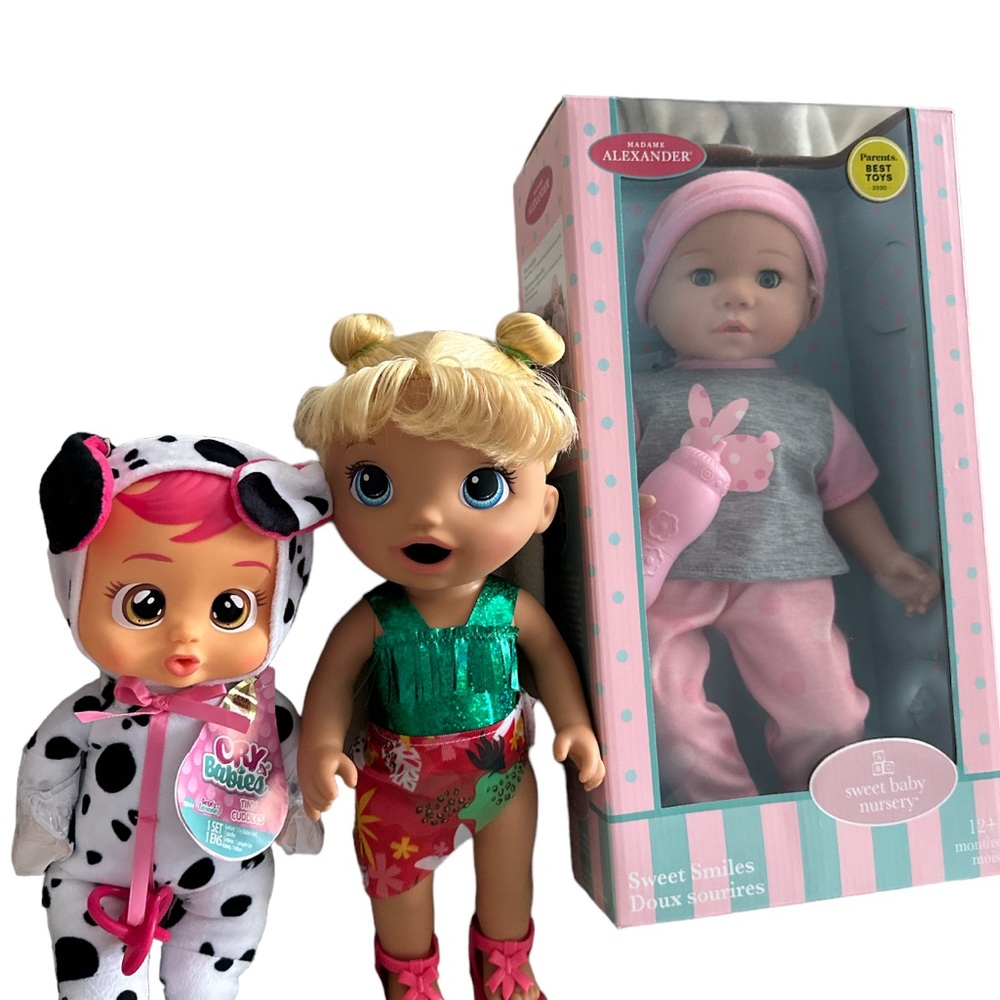 Madame Alexander Sweet Smiles, Baby Alive Sunshine,Cry Babies Tiny Cuddles Dotty
